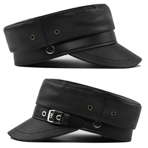 Detail view of black PU leather military cap with metallic buckles and side ventilation holes