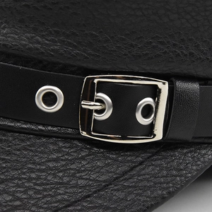 Classic black PU leather military hat with decorative strap and silver metal buckles