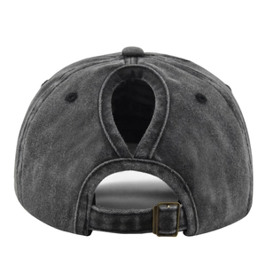 Adjustable ponytail baseball cap in washed grey fabric featuring a rear opening design