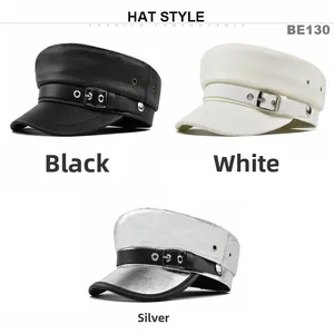 Flat top PU leather baker boy hats in black, white, and silver with metal side vents