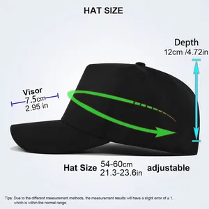 Size chart for adjustable solid baseball cap showing head circumference and visor depth