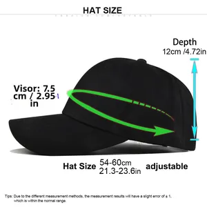Size chart showing baseball cap dimensions with head circumference and visor length