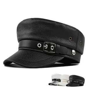 Fashion PU Leather Navy Hat Beret For Women Men Solid Color Lychee Texture Metal Buckle Retro Newsboy Cap Flat Top Hat