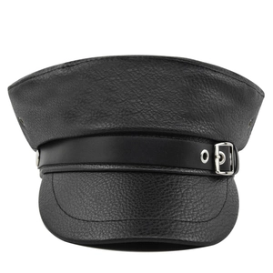 Classic black PU leather navy style flat top hat with silver metal buckle detail