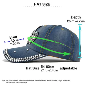 Detailed size chart for rhinestone crown baseball cap with adjustable strap measurements