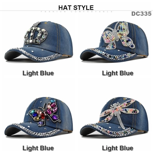 Light blue denim baseball cap set featuring rhinestone crown, butterfly, and dragonfly patterns