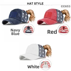 Détail de la casquette baseball filet drapeau USA avec trou pour queue de cheval