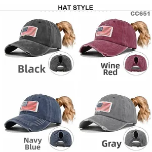 Detailed four-color grid showing vintage ponytail baseball caps with American flag patches