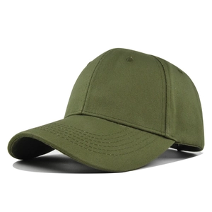 Detail of olive green six-panel cotton baseball cap showing side profile and curved brim