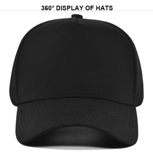 Detailed front view of pure black 5-panel baseball cap with reinforced stitched brim