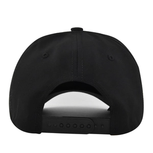 Detail view of the adjustable plastic snapback closure on a black cotton baseball cap