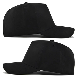 Dual side views showing black twill cotton baseball cap with six-panel construction