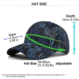 Gorra de béisbol de encaje azul marino con motivo floral y detalles de guía de tallas