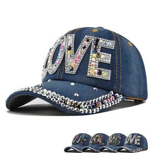 Cappellino da Baseball in Denim con Strass da Donna LOVE OMG Lettera in Cotone Lavato Berretto Regolabile Moda Scintillante