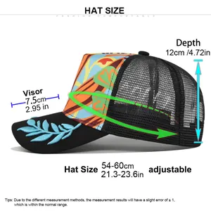 Size chart showing adjustable mesh baseball cap with visor embroidery and measurements