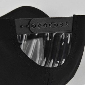 Detail of adjustable snapback closure on back of a solid black baseball sport cap