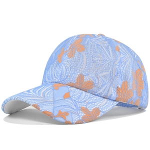 Gorra de béisbol de encaje azul transpirable con bordado floral naranja y visera curva