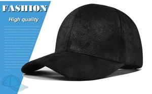 Macro detail of high-quality black faux suede baseball cap showing premium matte texture