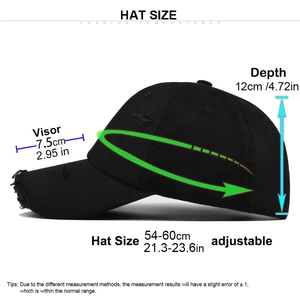 Vue détaillée de la casquette en coton vieilli noir avec sangle réglable et dimensions