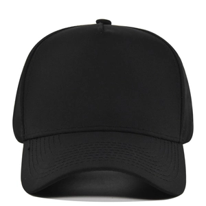 Classic 5-panel solid black baseball cap with adjustable curved brim for sun protection