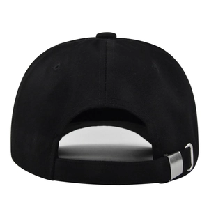 Classic black cotton baseball cap with adjustable silver metal buckle, back view focus