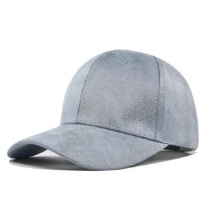 Detailed view of the light blue suede baseball cap with visible fine stitching and texture
