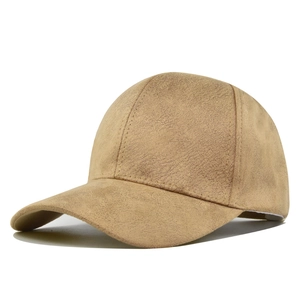 Detailed view of camel faux suede baseball cap featuring premium matte fabric texture