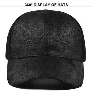 Detail view of premium black suede texture and structured six-panel stitching on baseball cap
