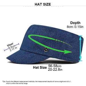 Size guide for denim flat top cap featuring 56-58cm circumference and metal M logo