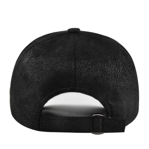 Rear view of a solid black faux suede baseball cap featuring an adjustable metal strap buckle