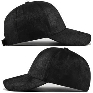 Detailed side views of minimalist black faux suede baseball cap with a curved brim