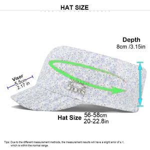 Detailed size chart for floral flat top sun hat with crown depth and visor measurements