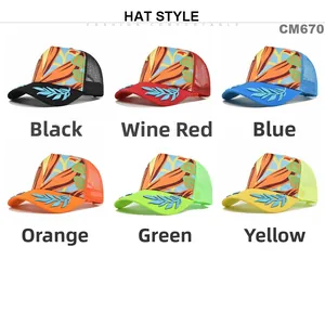 Detail of multi-color mesh trucker hats featuring floral crown prints and leaf embroidery