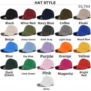 Matrix display of 21 colorful cotton baseball caps with 6-panel design and curved brims