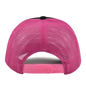 Rear view of pink trucker hat featuring breathable mesh and adjustable snapback closure