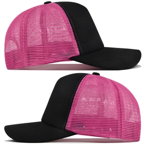 Detail view of black and pink trucker hat featuring breathable mesh and curved brim design