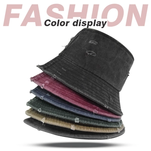 Vintage Distressed Washed Cotton Bucket Hat With Holes Streetwear Sun Protection Fisherman Hat For Men Women Unisex Summer Outdoor