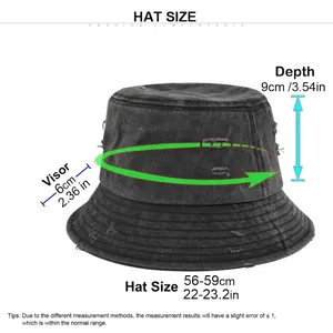 Sizing chart for distressed washed denim bucket hat with wide brim and frayed edges