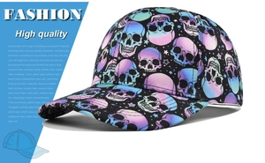 Detail of baseball cap showing colorful gradient skull print and street style patterns