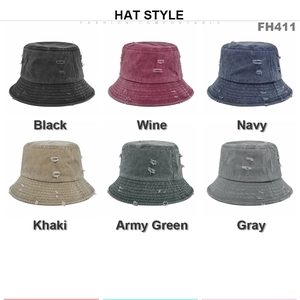 Distressed washed canvas bucket hats in six colors with frayed holes and vintage style