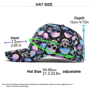Size chart showing adjustable skull baseball cap dimensions and measurements for fit