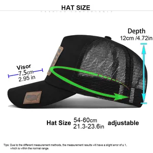 Size guide for adjustable mesh trucker hat showing visor length and depth measurements