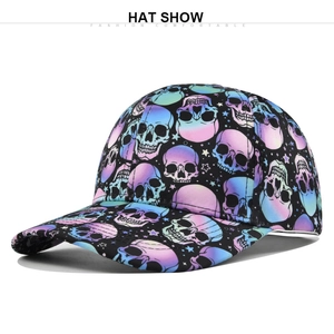 Close-up of vibrant skull and star patterns on this black fashion baseball cap