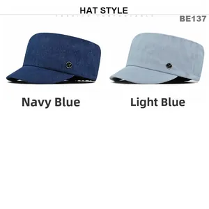 Detail view of denim military caps in navy and light blue with metallic M logo
