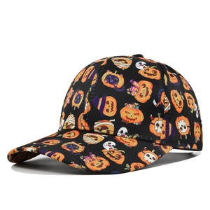 Black baseball cap featuring a detailed Halloween pumpkin and ghost print pattern
