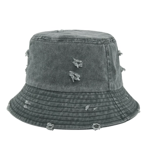 Close-up of distressed dark grey washed denim bucket hat with ripped hole details