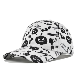 White Halloween baseball cap featuring black pumpkin, bat and cat prints for adults