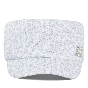 White cadet hat with blue floral pattern and silver rhinestone buckle decoration