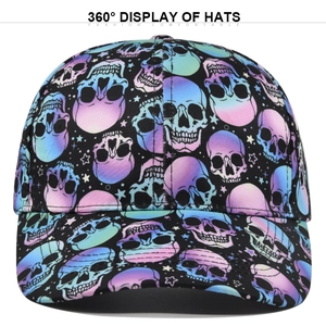 Detailed front view of baseball cap with gradient colorful skull and star print patterns