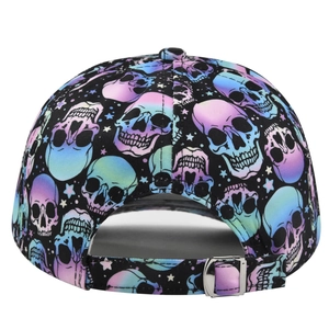Detail of colorful skull print on black baseball cap with adjustable silver buckle